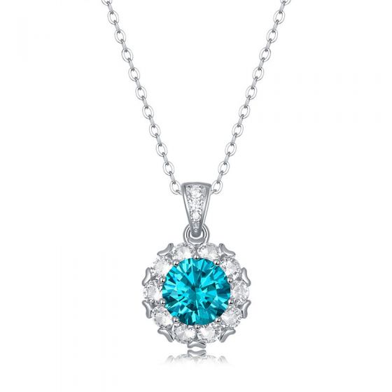 *Necklace* Elegant Blue Moissanite CZ Heart Border 925 Sterling Silver *Necklace*