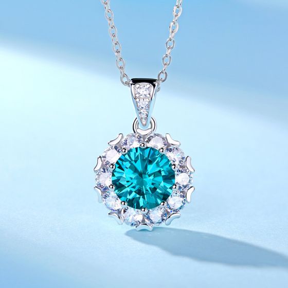 *Necklace* Elegant Blue Moissanite CZ Heart Border 925 Sterling Silver *Necklace*