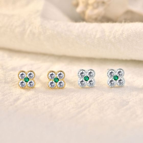 *Earrings*   Cute Mini CZ Four Leaf Clover Lucky 925 Sterling Silver Stud Earrings