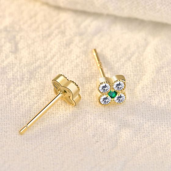 *Earrings*   Cute Mini CZ Four Leaf Clover Lucky 925 Sterling Silver Stud Earrings