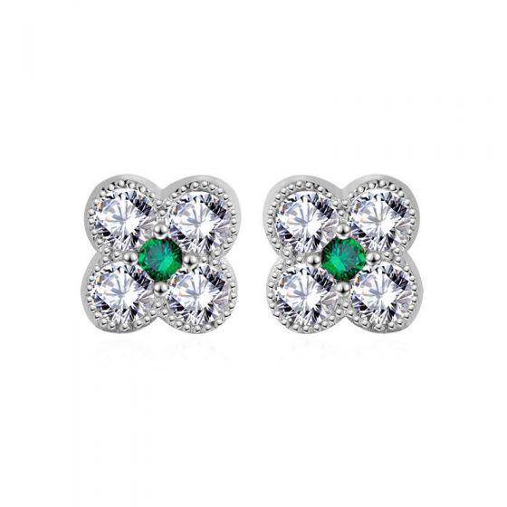 *Earrings*   Cute Mini CZ Four Leaf Clover Lucky 925 Sterling Silver Stud Earrings