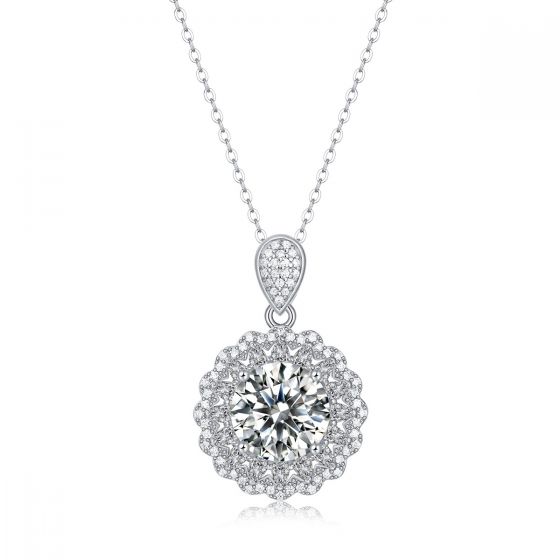 *Necklace* Elegant CZ Border Moissanite Flower 925 Sterling Silver *Necklace*