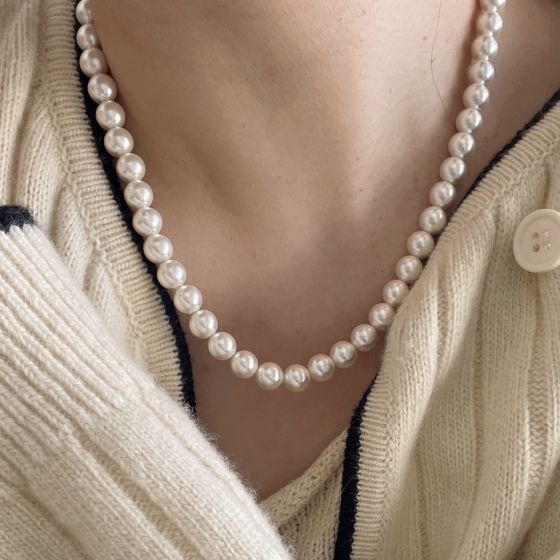 *Necklace*    Women Elegant Round Shell Pearls 925 Sterling Silver Necklace