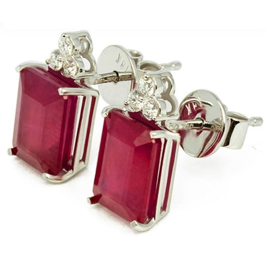 *Earring* Ruby Trio Diamonds Emerald-cut Earrings in 18K White Gold